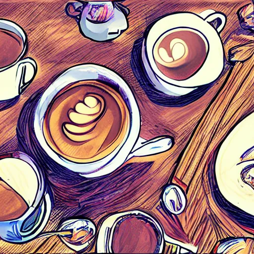 Prompt: a table full of ☕ digital art, aesthetic ☕☕☕☕☕☕☕☕☕☕