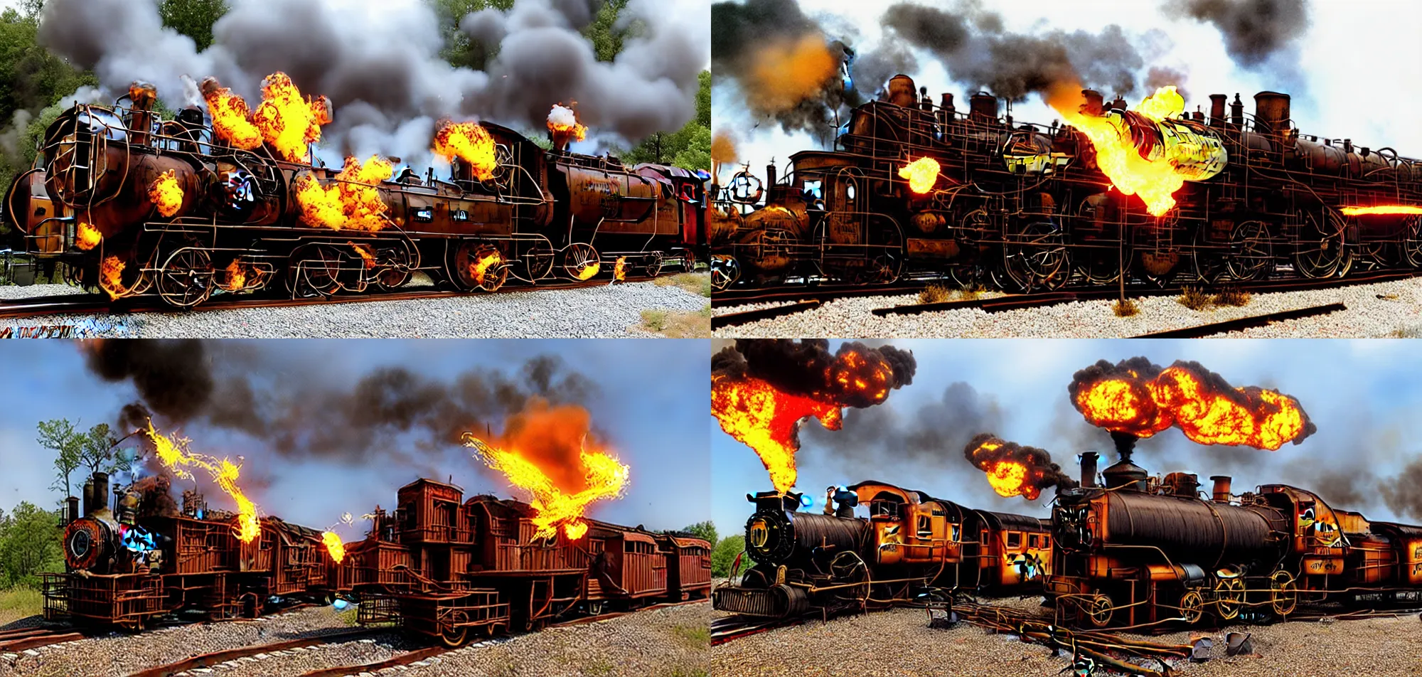 Prompt: flaming train on steampunk railroad in the 1800's