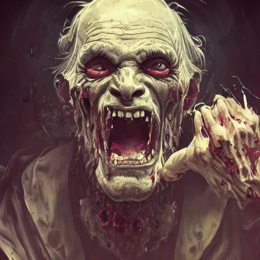 Prompt: elderly zombie man screaming, intricate, art by artgerm and greg rutkowski and alphonse mucha and william - adolphe bouguereau, high detailed, 4 k,