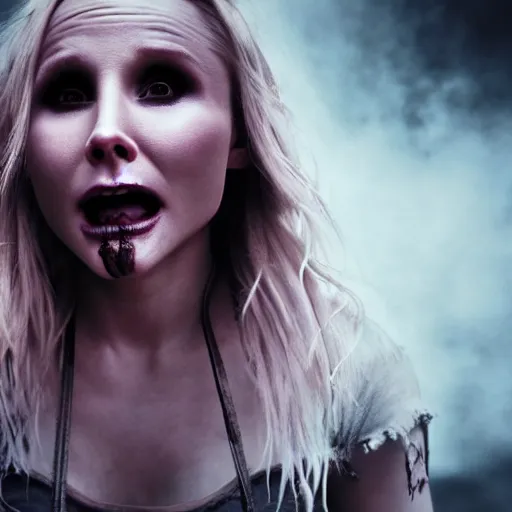 Image similar to Kristen Bell as a demon in heaven, grungy, unkept hair, glowing eyes, modelsociety, radiant skin, huge anime eyes, RTX on, bright on black, dramatic, studio lighting, perfect face, intricate, Sony a7R IV, symmetric balance, polarizing filter, Photolab, Lightroom, 4K, Dolby Vision, Photography Award