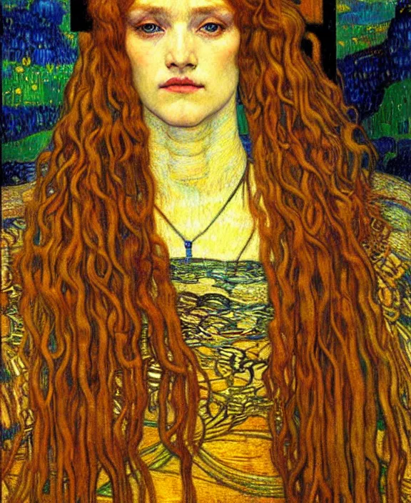 Image similar to detailed realistic beautiful young medieval queen face portrait by jean delville, gustav klimt and vincent van gogh, art nouveau, symbolist, visionary, gothic, pre - raphaelite, muted earthy colors, desaturated