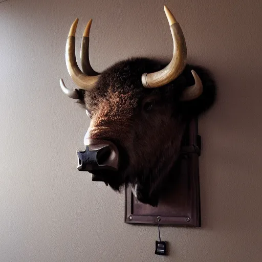 Prompt: hunting trophy bison head in vr helmet nailed to the wall,