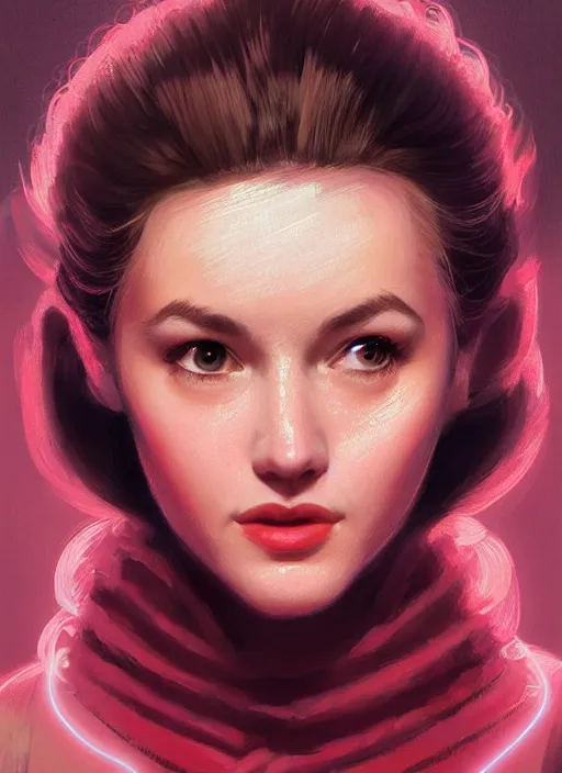 Image similar to portrait of betty cooper with fluffy bangs, bangs, 1 9 6 0 s, ponytail, curly bangs and ponytail, rounder face, intricate, elegant, glowing lights, highly detailed, digital painting, artstation, concept art, smooth, sharp focus, illustration, art by wlop, mars ravelo and greg rutkowski