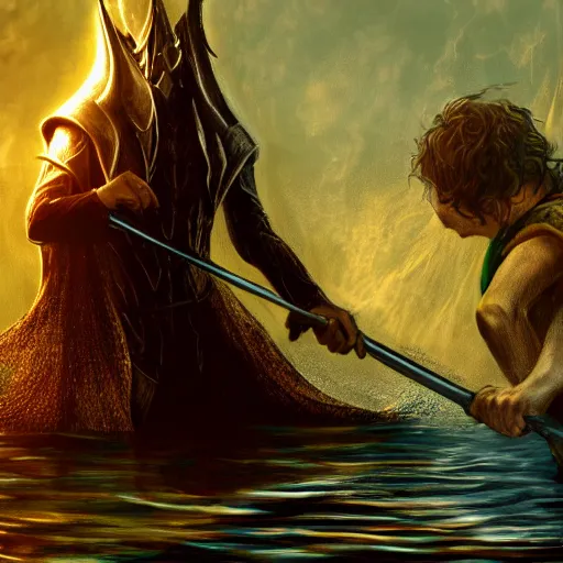 Image similar to lord sauron drowning while frodo is laughing, digital art, trending on art station, high quality, uhd 8 k, beautiful, golden hour, intricate detail, high gradient, raytracing