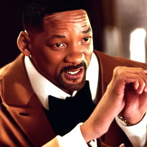 Prompt: a film still of Will Smith dressed as a pimp in a 1970s Blaxploitation film, portrait, 40mm lens, shallow depth of field, close up, split lighting, cinematic