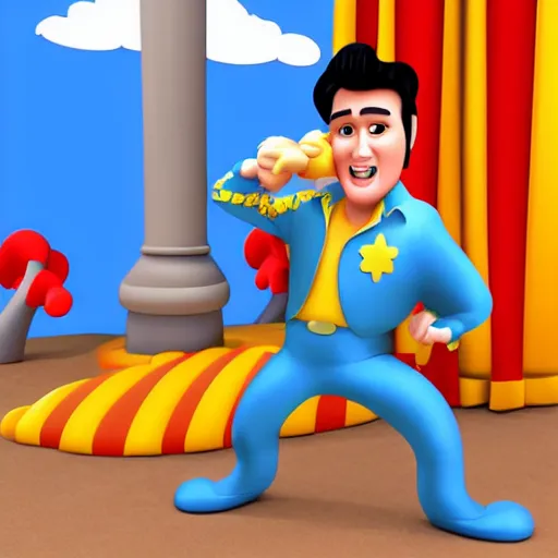 Prompt: elvis presley with pretzel legs, pixar character, 3 d, stage background