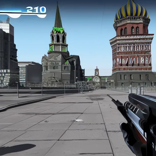 Image similar to mirror's edge in russia moscow, in game screenshot, with full hud with hands