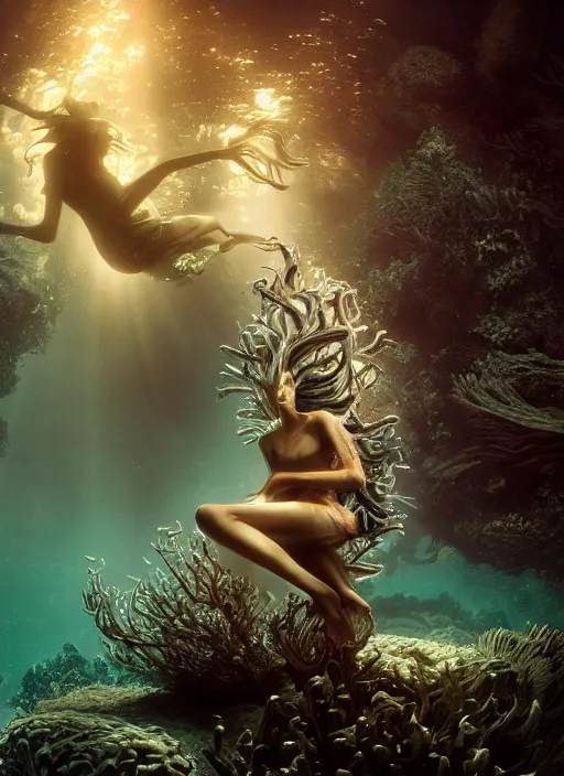 Image similar to beauteous underwater biomechanical incredible hair, crystalline masterpiece incrustations, hyperdetailed face, flippered feet, elegant pose, movie still, intricate, octane render, cinematic forest lighting, cgsociety, unreal engine, crepuscular rays, god rays, caustic shadows lighting