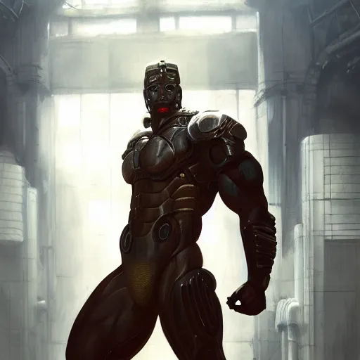 Prompt: handsome portrait of a spartan guy bodybuilder posing, radiant light, caustics, war hero, metal gear solid, ghost in the shell, steel bull run, by gaston bussiere, bayard wu, greg rutkowski, giger, maxim verehin