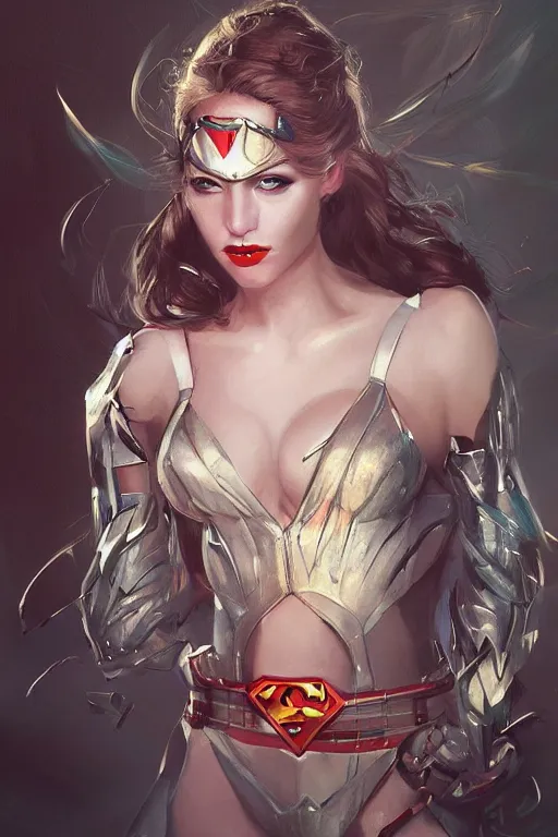 Image similar to three quarters portrait of a beautiful woman,super hero costume,heroic pose,highly detailed, digital painting,illustration, art by Stanley Lau