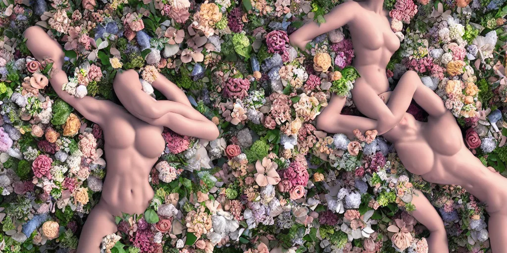 Image similar to a sculpture of human bodies intertwined, a lovely cornucopia of flowers and human body parts, body parts, highly detailed, octane render, cinematic ， - h 7 6 8