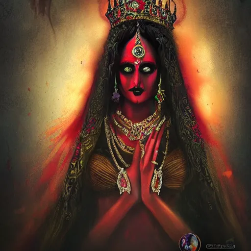 Prompt: beautiful Hindu queen of the dark with veil, in darkness, cover with blood, horror terrifying, soft light, surreal realistic, photorealistic, hyper details, full HD, 8k!