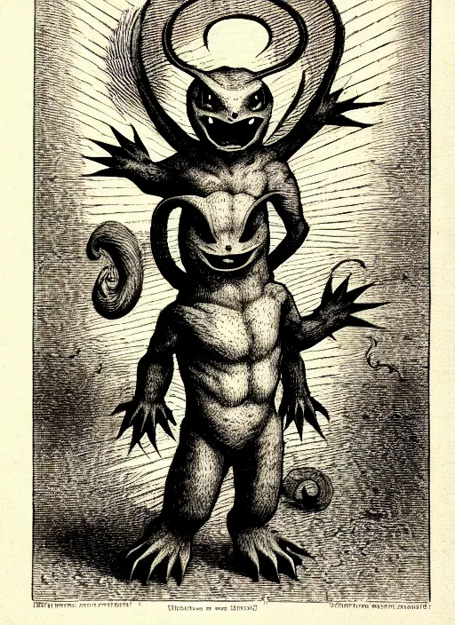 Image similar to charmander, as a demon from the dictionarre infernal, pen - and - ink illustration, etching by louis le breton, 1 8 6 9, 1 2 0 0 dpi scan, ultrasharp detail, hq scan, intricate details, stylized border