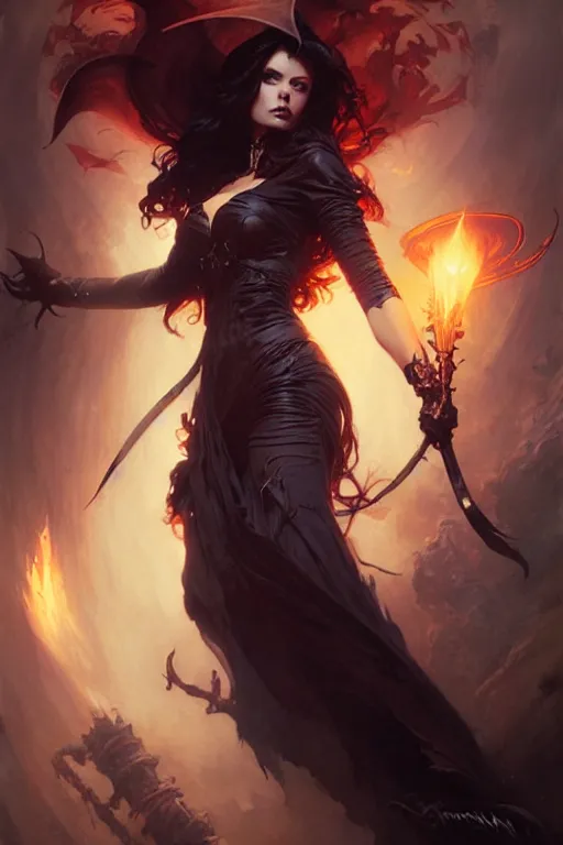 Image similar to powerful attractive female witch by raymond swanland, gaston bussiere, simon bisley, anna podedworna, ayami kojima, greg rutkowski, maxim verehin