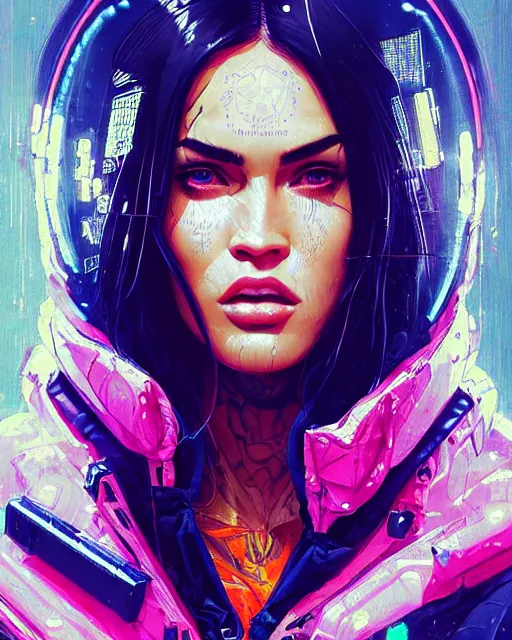 Image similar to detailed portrait Megan Fox Neon Operator Girl, cyberpunk futuristic neon, reflective puffy coat, decorated with traditional Japanese ornaments by Ismail inceoglu dragan bibin hans thoma greg rutkowski Alexandros Pyromallis Nekro Rene Maritte Illustrated, Perfect face, fine details, realistic shaded, fine-face, pretty face