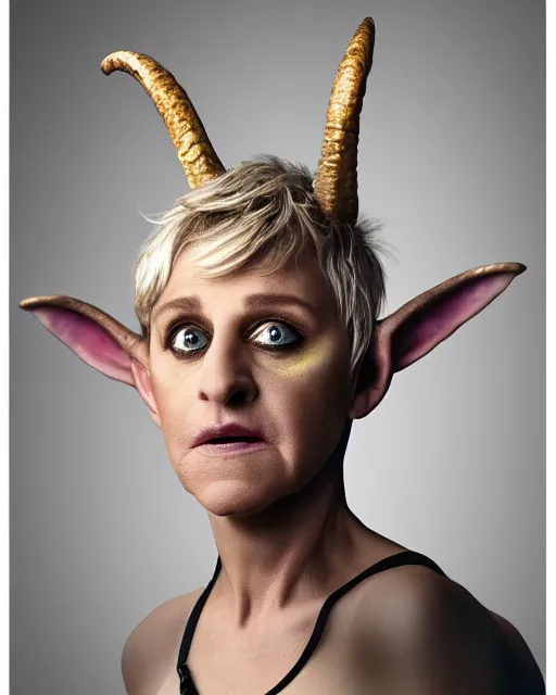 Prompt: headshot of ellen degeneres with yellow goat like eyes, ellen degeneres in highly detailed satyr like makeup by rick baker, studio lighting, 8 k, photo shoot, 9 inch kershaw soft focus lens f / 5. 6