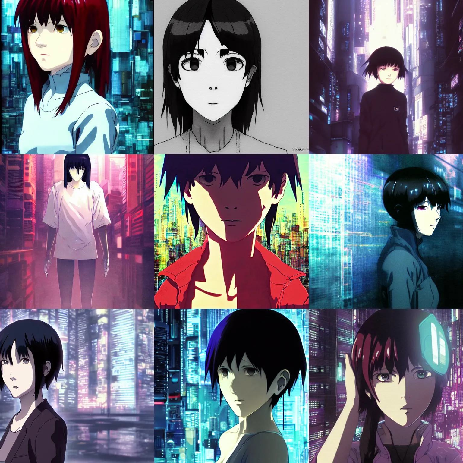 Prompt: glitch ghost in the shell lain portrait by makoto shinkai