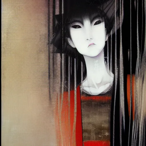 Image similar to yoshitaka amano blurred and dreamy minimalistic oil portrait of a young woman with black lipstick and black eyes wearing dress suit with tie, junji ito abstract patterns in the background, satoshi kon anime, noisy film grain effect, highly detailed, renaissance oil painting, wide brush strokes, weird portrait angle, blurred lost edges