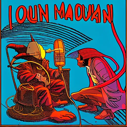 Image similar to drawn in the style of jean giraud!! moebius!! rackham the red wearing headphones and speaking into big microphone, podcast studio