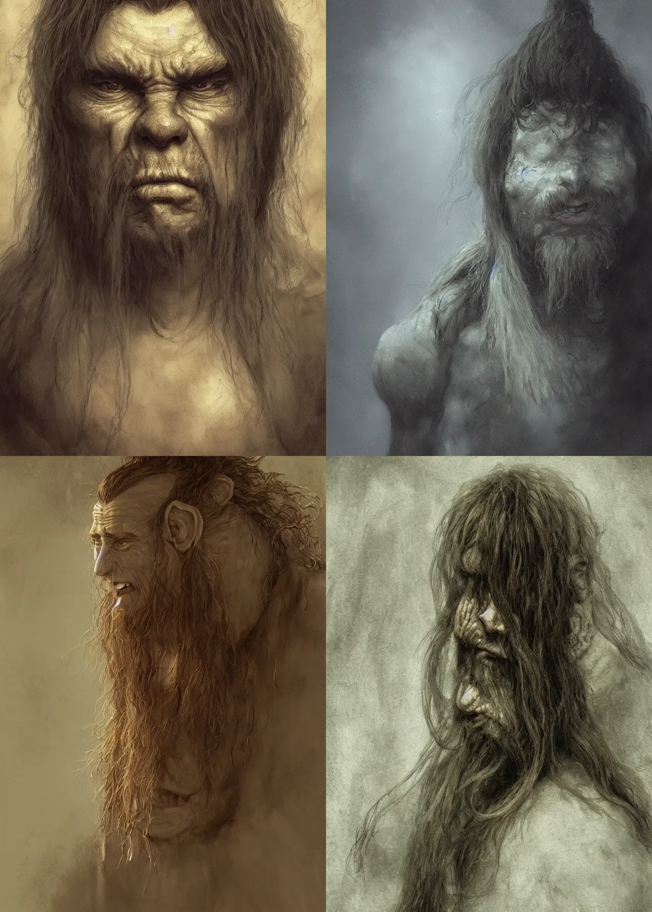 Prompt: portrait of a troll with long hairs in alan lee and marc simonetti and emil melmoth style , cinematic lighting