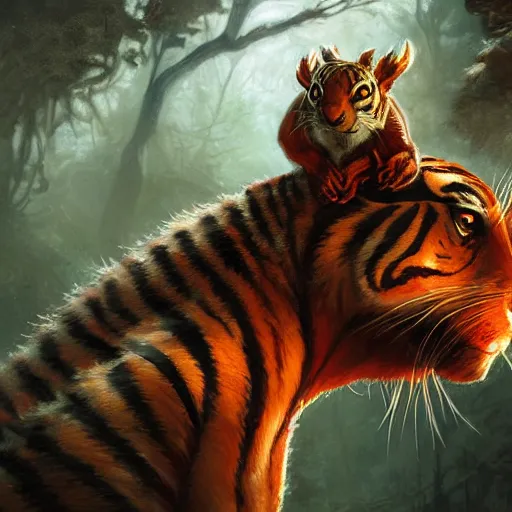 Image similar to Squirrel riding Sabretooth tiger, magic the gathering artwork, horror, D&D, fantasy, cinematic lighting, centered, symmetrical, highly detailed, digital painting, artstation, concept art, smooth, sharp focus, illustration, volumetric lighting, epic Composition, 8k, art by Akihiko Yoshida and Greg Rutkowski and Craig Mullins, oil painting, cgsociety