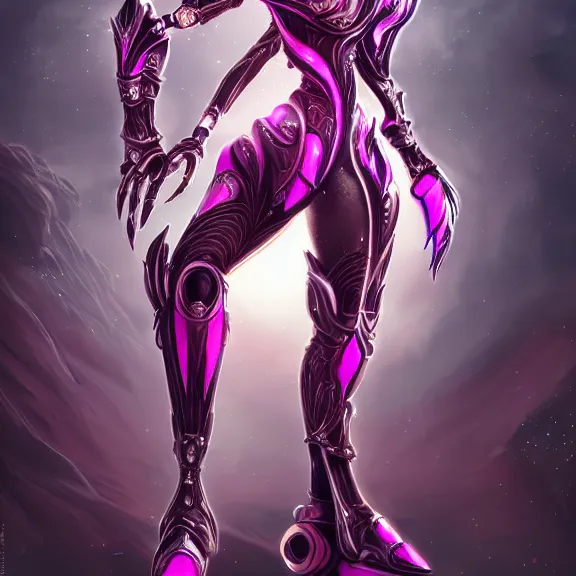 Image similar to highly detailed exquisite fanart, of a beautiful female warframe, but as an anthropomorphic robot dragon, shiny silver armor engraved, Fuchsia skin beneath the armor, elegant pose, close-up shot, full body shot, epic cinematic shot, long elegant tail behind, sharp claws for hands, professional digital art, high end digital art, singular, realistic, DeviantArt, artstation, Furaffinity, 8k HD render