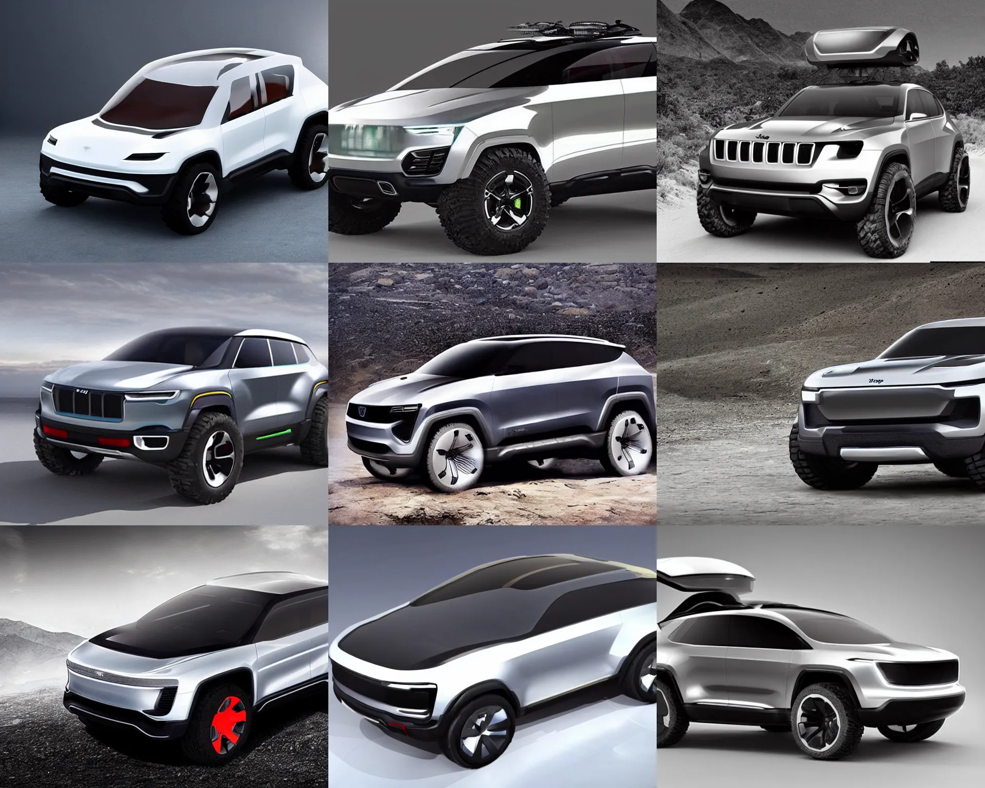 Prompt: future jeep concept suv, clean, tough, simple, electric, tesla cybertruck, : : inspired by sci - fi spaceships : :