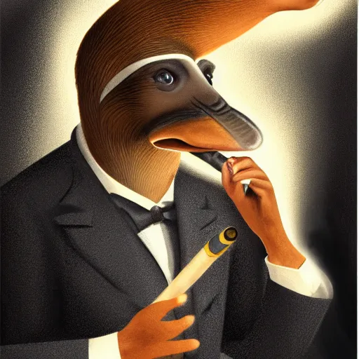 Image similar to a portrait of a platypus wearing a black suit, smoking a cigar, gorgeous, intricate, elegant, volumetric lighting, scenery, high detail digital art, smooth, picaso, illustration, concept art