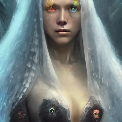 Prompt: beautiful female wizard, daughter of death, surrounded by followers, featured on artstation, 8k highly detailed, intricate oil painting, concept art