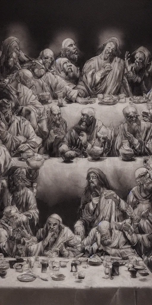 Image similar to oil painting scene from the last supper by kim jung gi