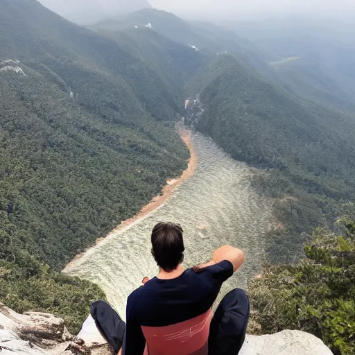 Prompt: man sitting on top peak mountain cliff looking at tsunami