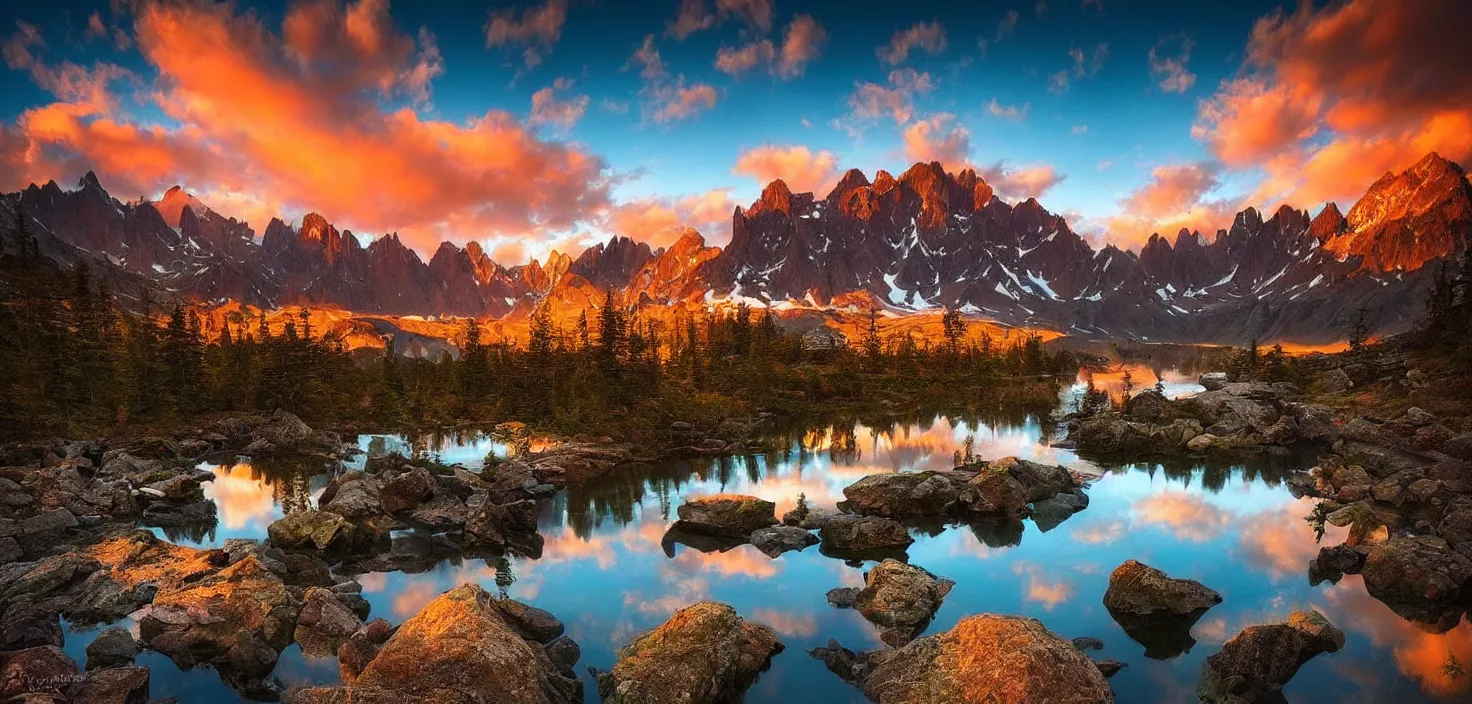 Image similar to amazing landscape photo of mountains with lake in sunset by marc adamus, beautiful dramatic lighting