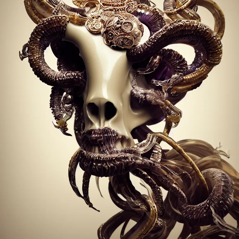 Image similar to goddess princess face close-up portrait ram skull. sculpture made of polished gold and matte obsidian. jellyfish phoenix head, nautilus, orchid, skull, betta fish, bioluminiscent creatures, intricate artwork by Tooth Wu and wlop and beeple. octane render, trending on artstation, greg rutkowski very coherent symmetrical artwork. cinematic, hyper realism, high detail, octane render, 8k