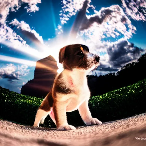 Prompt: This is a photo of a puppy. The puppy is happy. Tilt-shift fisheye photo. Light painting. God rays.