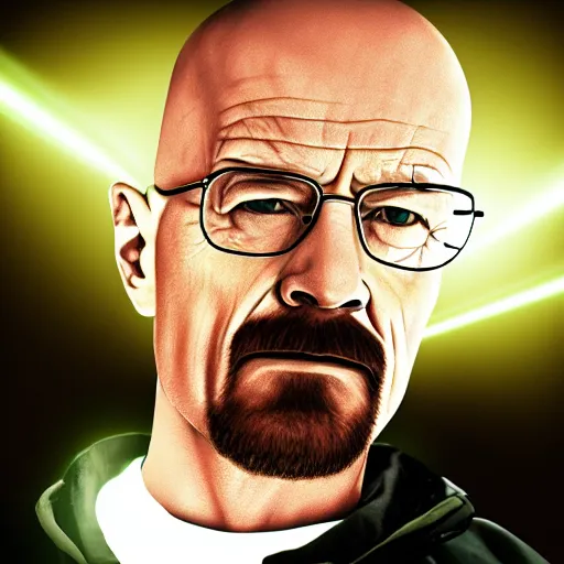 Prompt: Walter white flash photography in a dark room