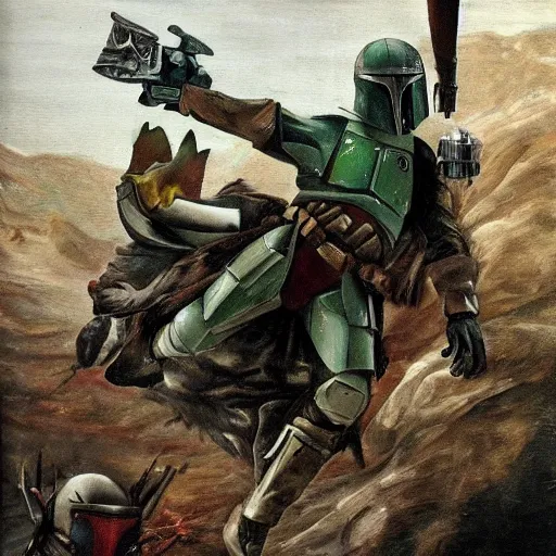 Image similar to boba fett riding a hobbit in a tundra, renaissance painting