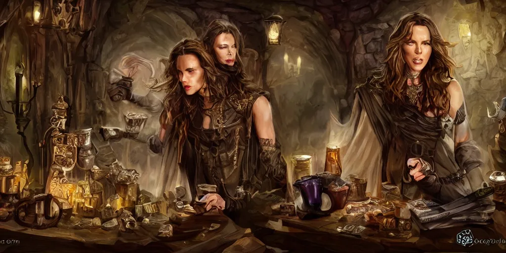 Prompt: kate beckinsale weared as thief, with knives in bandolier and cloak cape, sit in dark fantasy tavern near fireplace, behind bar deck with bear mugs, lockpicks and pile of gold, medieval dnd, colorfull digital fantasy art, 4k