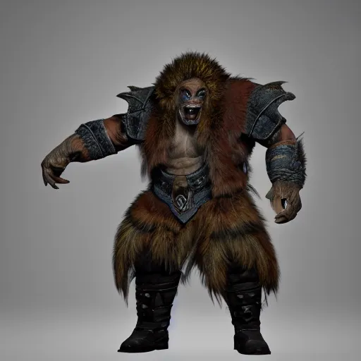 Prompt: A full body shot of a handsome orc looking into the camera wearing a fur jacket and boots, full body shot, artstation, realistic, highly detailed, symmetrical, hyper realism, high detail, octane render, unreal engine, 8k, Vibrant colors