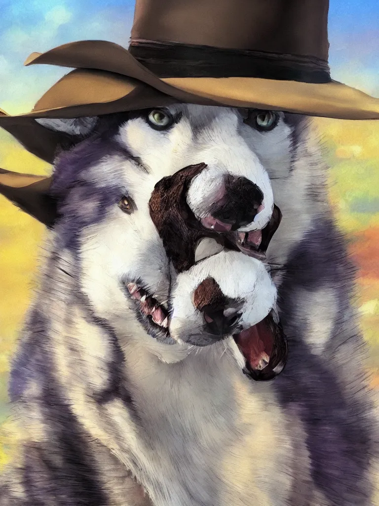 Image similar to a portrait painting of a husky in cowboy costume, wearing a cowboy hat, by studio ghibli, in the style of anime, [ western film ], humanoid, personify, anthropomorphic, trending on artstation