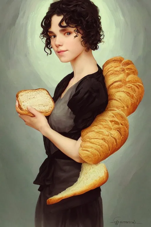 Image similar to beautiful cottagecore of a girl with short black curly hair, round face, cute face, holding a loaf of bread. There's also a black cat on her shoulder. intricate, elegant. highly detailed, digital painting, artstation, concept art, smooth, sharp, focus, illustration. . art by artgerm and greg rutkowski and alphonse mucha