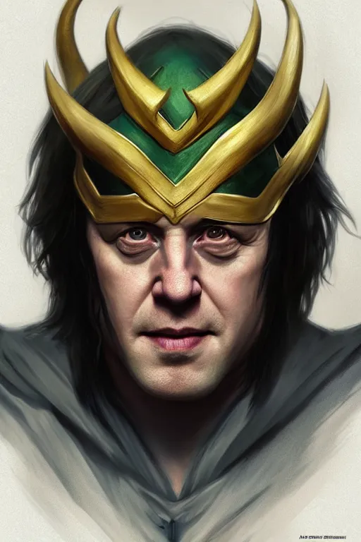 Image similar to Boris Johnson as Loki, realistic portrait, symmetrical, highly detailed, digital painting, artstation, concept art, smooth, sharp focus, illustration, cinematic lighting, art by artgerm and greg rutkowski and alphonse mucha