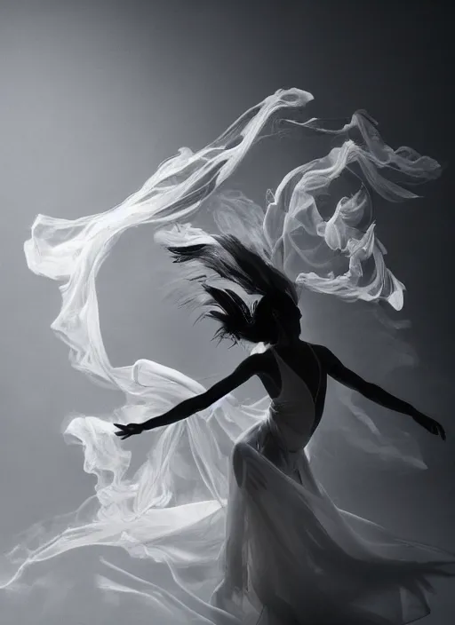 Image similar to a Photorealistic dramatic hyperrealistic render of a beautiful Female smoke dancer by Ken Brower and Deborah Ory of NYC Dance project,Lois Greenfield,Flowing cloth and smoke,Beautiful dynamic dramatic dark moody lighting,volumetric,shadows,cinematic atmosphere,Octane render,8K