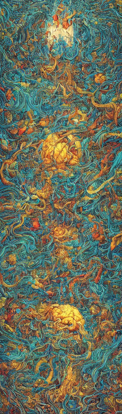 Prompt: the day the brain discovered that we were in a simulation by james jean, by jacek yerka, bioluminescence, rainbow, lovecraftian, masterpiece, cosmic horror, poster art, clear focus, cinematic lighting, hyper detailed