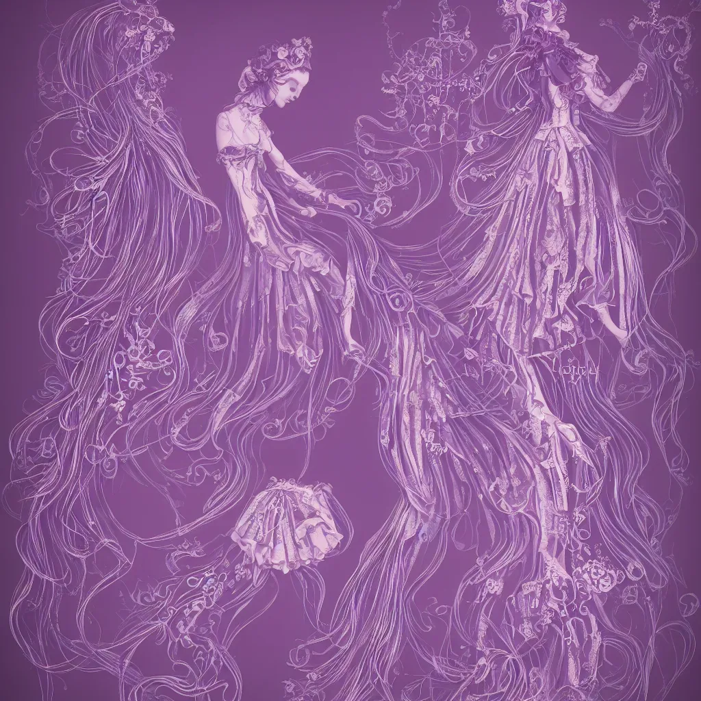 Image similar to purple dress design in the style of rococo,Victorian era,jellyfish element,dreamy, soft,Backlight ,luminescence,highly detailed,8k