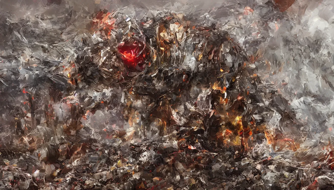 Image similar to ai limbo, gigantic robotic cat with red eyes walks in a trash heap in yellow mist, digital art, trending on artstation, 8k, highly detailed,