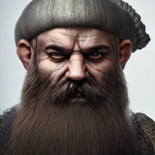 Image similar to photorealistic portrait of a dwarf with a large beard, muscular build, tough, highly detailed trending on artstation, photo, medieval, big muscles, fantasy, intricate details, dramatic, cinematic