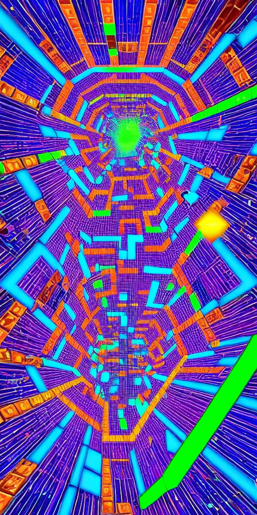 Prompt: looking up at a Tetris game in 5 dimensions of outer space, wide angle, time portals, digital art, glowing geometric glass fractals floating, 8K