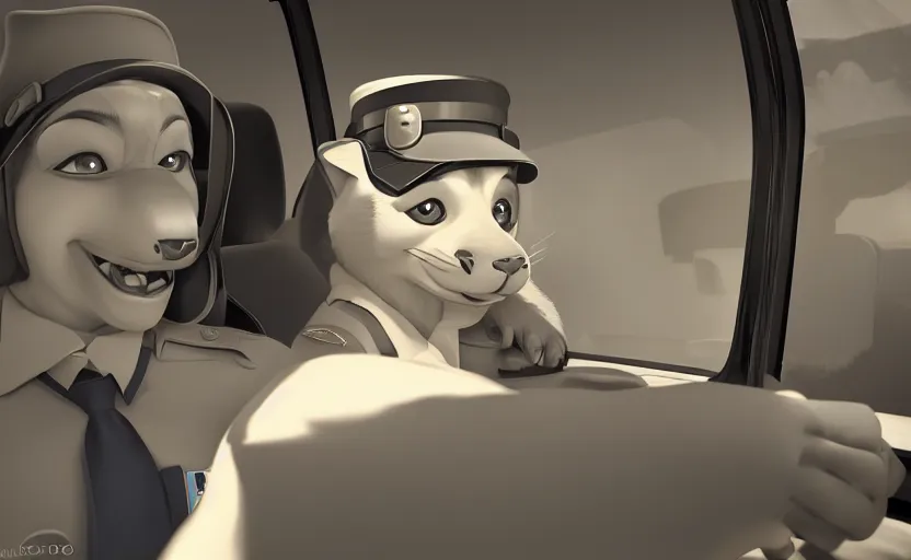 Image similar to a furry human - like dressed policewoman in the sleeping in the police car, artstation hq, stylized, symmetry, modeled lighting, expressive, studio photo refined, highly detailed, hyper realistic, furry, sense of awe, zootopia style