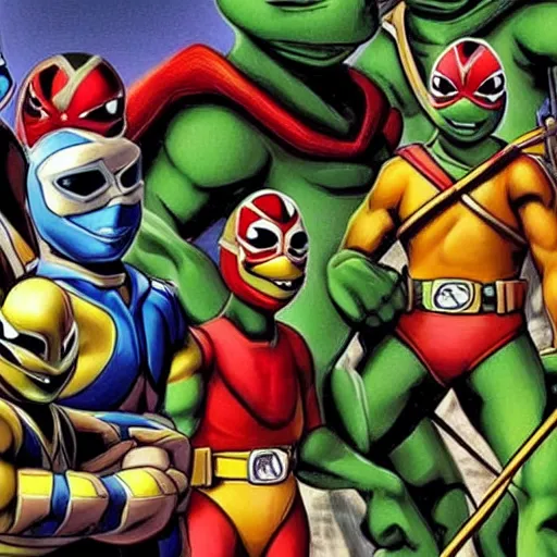 Prompt: teenage mutant hero turtles and power rangers in the same environment, photorealistic