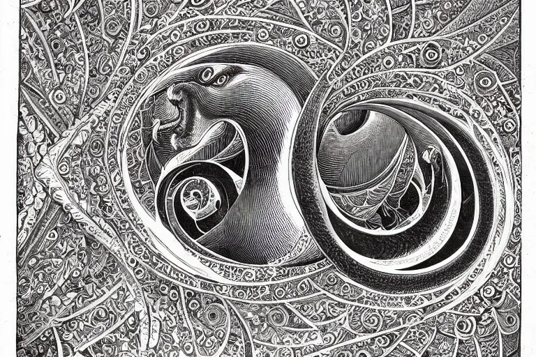 Image similar to an ornate illustration in the styles of mandalas and fractals, the styles of escher and penrose, depicting a weasel staring deep into the heart of the impossible all - and - nothing of the emerging singularity ; / what has god wrought? / he seems to be whispering.